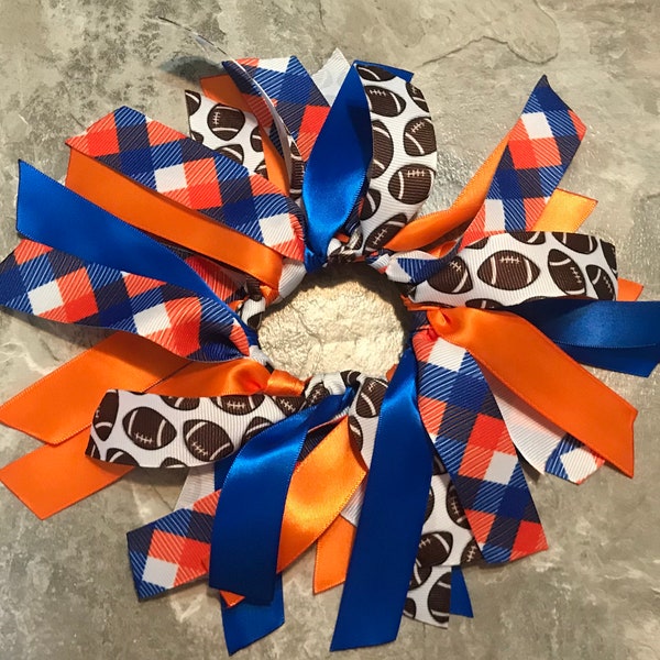 Choose Your Sport and Team Colors - Orange and Blue Football Bow, Hair Tie, Scrunchie, Streamers, Pony Tie, Cheer, Soccer, Broncos, Florida