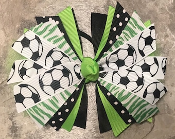 Lime Soccer Hair Bow, Soccer Bow, Soccer Pony tie, Green Soccer Bow, Soccer Gift, team bow, soccer ribbon, soccer hair tie