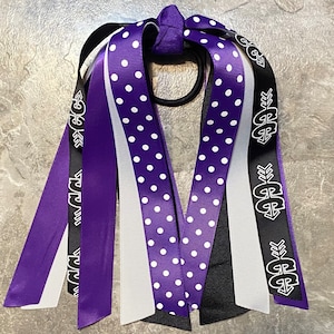 Choose Your Sport and Colors - Purple Black and White Cross Country Bow, Hair Streamer, Ponytail Ribbon, Hair Tie, Volleyball, Softball, XC