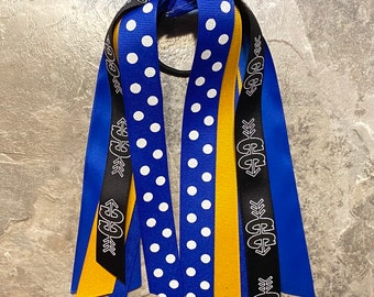Choose Your Sport and Colors - Royal Blue and Yellow-Gold Cross Country Bow, Hair Streamer, Ponytail Ribbon, Hair Tie, Volleyball, Softball