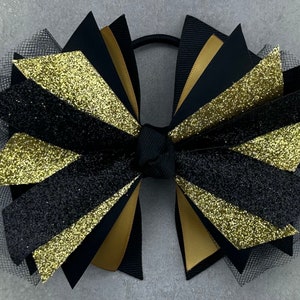 Black and Gold Gymnastics Bow, Softball Bow, Volleyball Bow, Soccer Bow, Lacrosse Bow, Dance Bow, Cheer Bow, Hair Tie, Streamers, Pony Tie