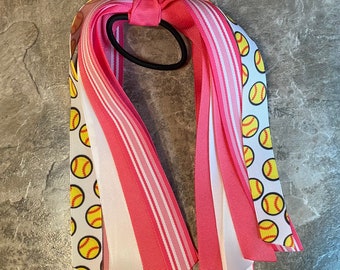 Choose Your Sport & Colors - Hot Pink and White Softball Bow, Hair Streamer, Ponytail Ribbon, Basketball Hair Tie, Soccer, Volleyball
