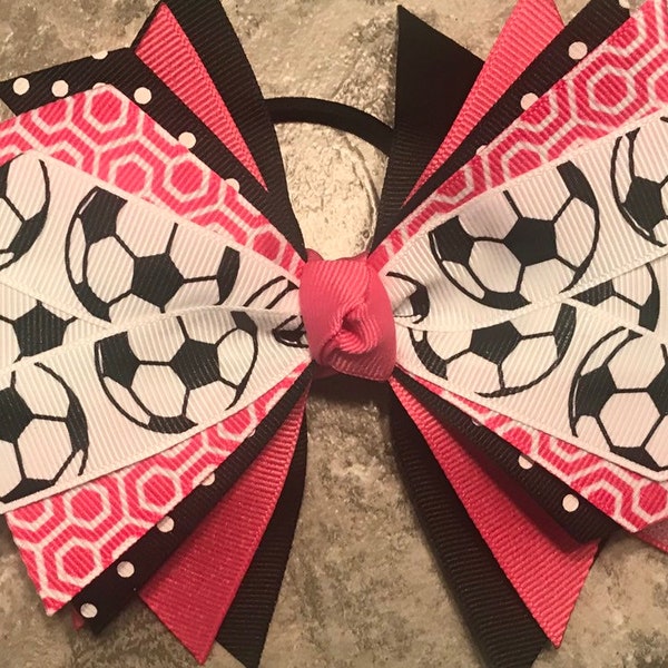Soccer Bow - Soccer Ponytail - Pink Soccer Bow - Soccer Hairbow - soccer ribbon - soccer hair tie - streamer - Hot Pink Soccer bow - team