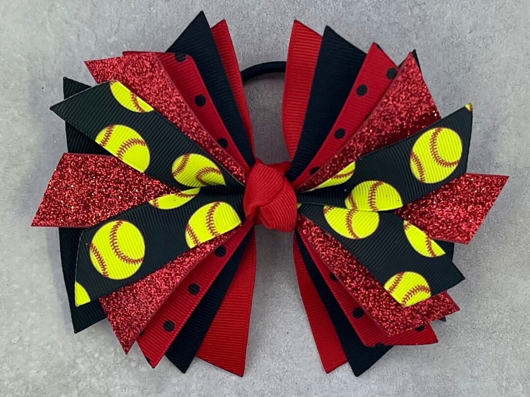 Red and Black Softball Bow, Softball Pony Tie, Softball Team Bow, Softball Hair Bow, Softball