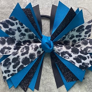 Choose Your Color Snow Leopard Hair Bow, Wildcat Ponytail Ribbon, Animal Print Bow, Leopard Print Bow, Hair Tie, Deep Teal, Cheetah Ribbon