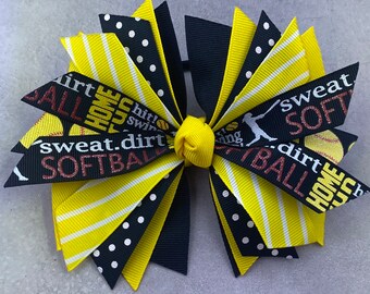 Black and Yellow Softball Bow, fastpitch hair bow, softball ponytail, softball hair bow, yellow softball hair tie, softball ribbon, team bow