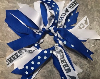 Choose Your Sport and Team Colors - Blue Cheer Bow, Hair Tie, Scrunchie, Streamers, Pony Tie, Gymnastics, Softball, Soccer, Volleyball, LAX