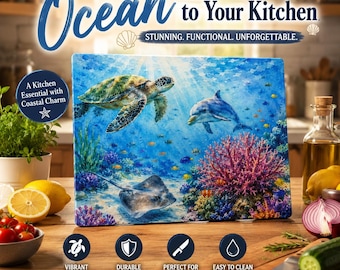 Sea Turtle and Dolphin Ocean Scene Glass Cutting Board | Underwater Coral Reef