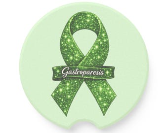 Green Awareness Ribbon Gastroparesis Soapstone Car Coaster | Round Cup Holder Insert
