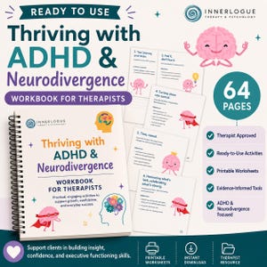 Peut inclure: Un cahier d'exercices à spirales intitulé Thriving with ADHD & Neurodivergence: Workbook for Therapists, illustré d'un cerveau rose en dessin animé. L'ensemble comprend 64 pages de fiches imprimables, d'activités approuvées et d'outils fondés.