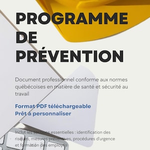 Peut inclure: Un document numérique intitulé Programme de prévention avec un casque de chantier jaune en haut. Le texte mentionne les normes de santé et sécurité au travail, le format PDF, et des sections comme l'identification des risques et procédures d'urgence.