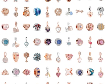 Charm Pandora, perline charm in argento sterling 925 color oro rosa per bracciale, scegli il tuo charm, gioiello a forma di cuore e floreale, regalo per lei