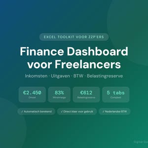 Może przedstawiać: Cyfrowy zestaw narzędzi Excel dla freelancerów zawierający pulpit nawigacyjny finansów z sekcjami dotyczącymi dochodów, wydatków, podatku VAT i rezerw podatkowych. Interfejs wyświetla wskaźniki, pięć zakładek oraz automatyczne obliczenia finansowe.