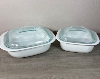 Set of 2 CorningWare Simply Lite White Glass Casserole Dishes w/ Lids 2.5 /1.5qt