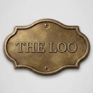 May include: An oval-shaped brass plaque with a decorative scalloped edge and a brushed metallic finish. The text THE LOO is embossed in the center in a serif font. Two small screws are visible at the top and bottom center of the plaque.