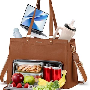 May include: A brown tote bag with a lower insulated compartment containing two glass food containers, two red beverage cans, a red apple, a green apple, strawberries, and grapes. The bag features the brand name Rainsmore and holds a laptop and a water bottle.