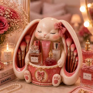 Cute Bunny Makeup Organizer | Rabbit Vanity Storage Holder | Kawaii Makeup Brush Organizer | Cosmetic & Skincare Storage | Coquette Vanity