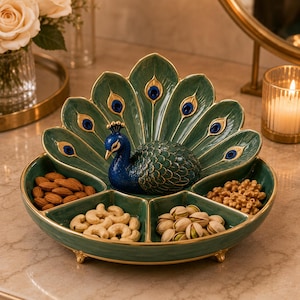 Peacock Snack Serving Tray | Luxury Divided Nuts Dish | Ceramic Peacock Trinket Bowl | Decorative Candy Organizer