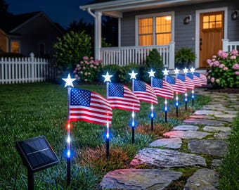 8 Pack Solar American Flag Lights, Waterproof Patriotic Pathway Stakes, 4th of July Memorial Day Yard Decor Outdoor