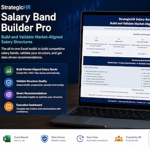 May include: A laptop screen displaying the StrategicHR Salary Band Builder Pro interface, an Excel-based toolkit for building and validating market-aligned salary structures, featuring workflow navigation, key outputs, and data-driven recommendations.