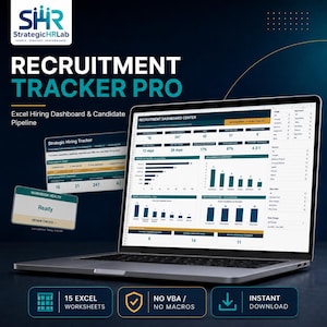 May include: A laptop displaying the Recruitment Tracker Pro Excel dashboard, featuring data visualizations, hiring metrics, and candidate pipeline charts. The screen shows a Recruitment Dashboard Center with various hiring statistics and department breakdowns.