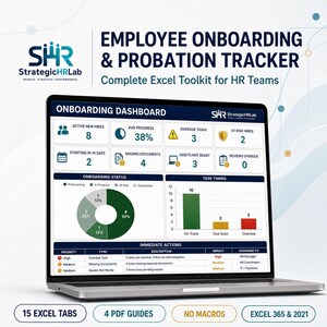 May include: A laptop screen displaying an Employee Onboarding & Probation Tracker dashboard by StrategicHRLab. The interface shows metrics for new hires, progress, overdue tasks, and at-risk hires, alongside a pie chart, bar graph, and action table.