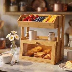 Bamboo Bread Box With Fruit Basket | Corner Bread Box | Large Bread Box | Vintage Bread Box | Bread Bin | Food Storage | Kitchen Organizer