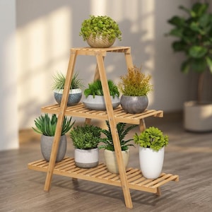3 Tier Bamboo Indoor Plant Stand, Wooden Plant Shelf Holds 8 Pots, Ladder Flower Pot Rack for Living Room, Bedroom, Space Saving Decor