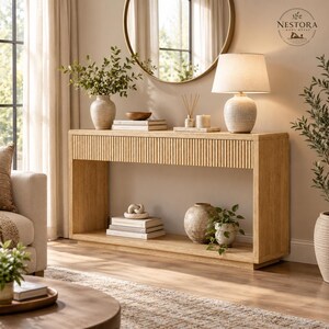 May include: A light wood console table with a fluted front panel and an open lower shelf. The table features a rectangular top and a solid base. The Nestora Wood Works logo is visible in the upper right corner of the image.