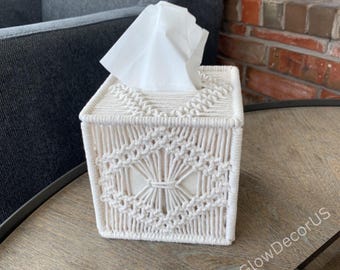 Macrame Tissue Box Cover | Handmade Boho Square Tissue Holder | Woven Bohemian Organizer | Woven Tissue Box | Boho Tissue Box