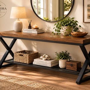 Entryway Shoe Rack Bench With Storage | Rustic Wooden Hallway Bench | Metal X Frame, 2 Tier Shoe Storage Bench | Entryway Console Bench