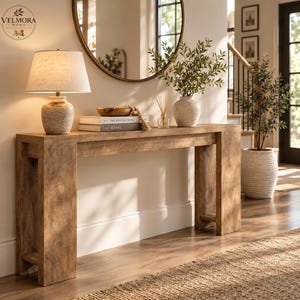 May include: A rectangular wooden console table with a light brown finish and a sturdy frame. The table surface holds a textured lamp with a fabric shade, two stacked books titled The Kinfolk Home and At Home, and a small vase with sticks.
