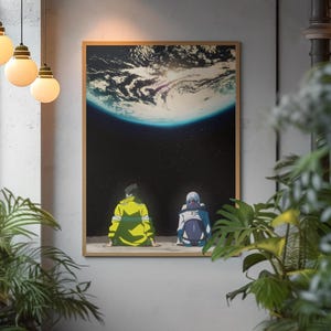 May include: A framed rectangular wall art print featuring an anime-style illustration of two figures sitting on a lunar surface, looking up at a large, glowing Earth against a dark, starry space background. The figures wear yellow and blue jackets.