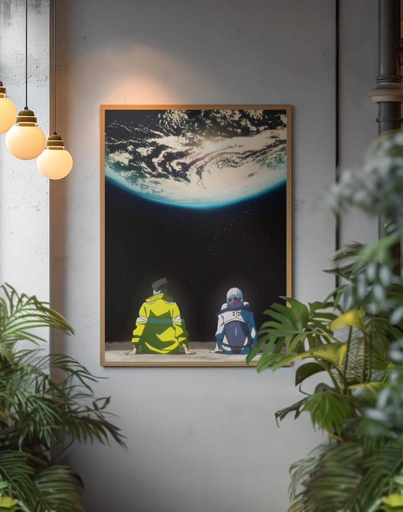 May include: A framed rectangular wall art print featuring an anime-style illustration of two figures sitting on a lunar surface, looking up at a large, glowing Earth against a dark, starry space background. The figures wear yellow and blue jackets.