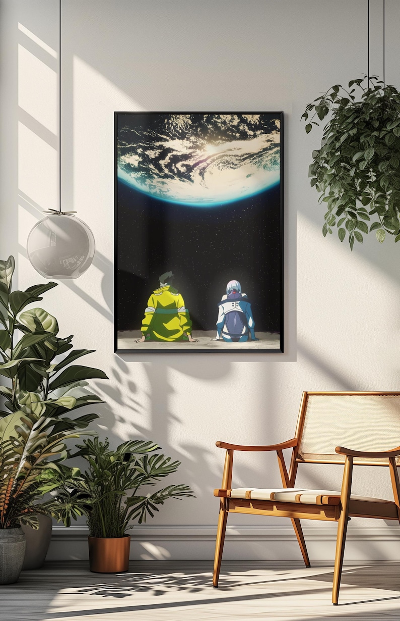 May include: A rectangular wall art print in a black frame featuring an anime-style illustration of two figures sitting on a surface, viewed from behind. One figure wears a bright yellow jacket, the other a blue and white outfit, facing a planet.