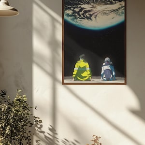 May include: A rectangular wall art print featuring an anime-style illustration of two figures sitting on a lunar surface, looking up at a large, glowing Earth in a dark, starry sky. The figure on the left wears a bright yellow jacket, while the figure on the right wears a blue and white outfit.