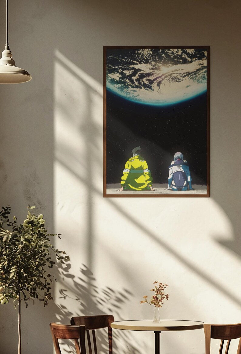 May include: A rectangular wall art print featuring an anime-style illustration of two figures sitting on a lunar surface, looking up at a large, glowing Earth in a dark, starry sky. The figure on the left wears a bright yellow jacket, while the figure on the right wears a blue and white outfit.