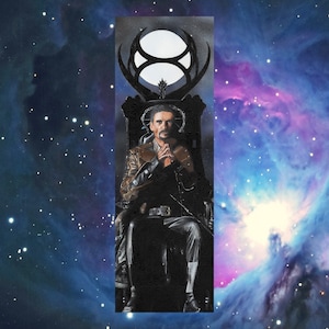 May include: An artistic painting of a man seated on a throne, set against a cosmic backdrop. The man, with a mustache, wears a brown jacket and sits in a black chair. The chair has a decorative top with a white circle and a dark, ornate design.