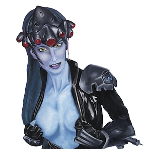 May include: A blue-skinned woman with long blue hair wearing a black leather jacket with a silver shoulder pad and a black helmet with red lights. She is looking at the camera with a smirk.