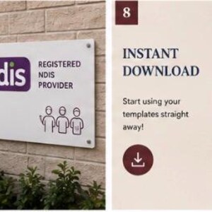 Pode incluir: Uma exibi&ccedil;&atilde;o gr&aacute;fica digital com dois pain&eacute;is. O painel esquerdo lista provedores NDIS, coordenadores de suporte, trabalhadores de suporte, enfermeiros, profissionais de sa&uacute;de, empres&aacute;rios individuais e pequenas empresas de sa&uacute;de. O painel direito mostra um &iacute;cone de download com o texto Your templates are ready.