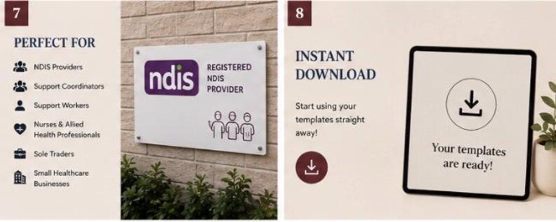 Pode incluir: Uma exibi&ccedil;&atilde;o gr&aacute;fica digital com dois pain&eacute;is. O painel esquerdo lista provedores NDIS, coordenadores de suporte, trabalhadores de suporte, enfermeiros, profissionais de sa&uacute;de, empres&aacute;rios individuais e pequenas empresas de sa&uacute;de. O painel direito mostra um &iacute;cone de download com o texto Your templates are ready.