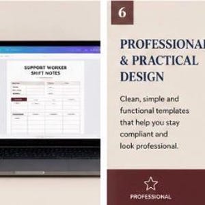 Pode incluir: Um conjunto de modelos digitais com um computador port&aacute;til exibindo um formul&aacute;rio de notas de turno e uma prancheta com um formul&aacute;rio de admiss&atilde;o. O texto inclui Fully Editable in Canva, Professional & Practical Design, e &iacute;cones para caracter&iacute;sticas profissionais, pr&aacute;ticas e conformes.