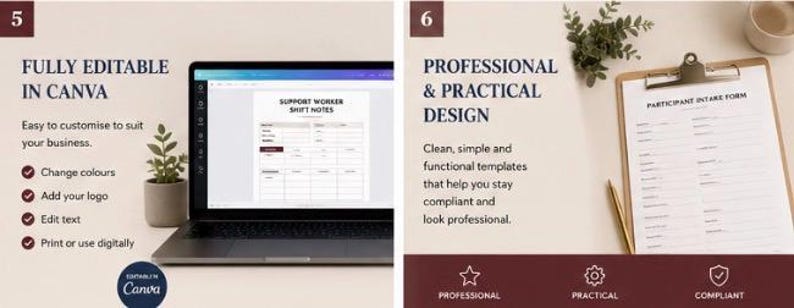 Pode incluir: Um conjunto de modelos digitais com um computador port&aacute;til exibindo um formul&aacute;rio de notas de turno e uma prancheta com um formul&aacute;rio de admiss&atilde;o. O texto inclui Fully Editable in Canva, Professional & Practical Design, e &iacute;cones para caracter&iacute;sticas profissionais, pr&aacute;ticas e conformes.