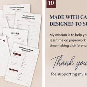 Pode incluir: Uma cole&ccedil;&atilde;o de modelos de papel branco para trabalhadores de apoio, incluindo notas de turno, folhas de horas semanais, formul&aacute;rios de admiss&atilde;o, notas de progresso, planos de metas e faturas. O texto diz Templates Included e Thank you.