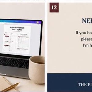 Pode incluir: Um guia de pacote de modelos digitais com um laptop exibindo notas de turno de trabalhadores, um caderno e uma caneca. O texto inclui 'HOW IT WORKS', etapas numeradas, 'NEED HELP?' e 'THE PROVIDER EDIT' com um &iacute;cone de cora&ccedil;&atilde;o.