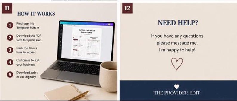 Pode incluir: Um guia de pacote de modelos digitais com um laptop exibindo notas de turno de trabalhadores, um caderno e uma caneca. O texto inclui 'HOW IT WORKS', etapas numeradas, 'NEED HELP?' e 'THE PROVIDER EDIT' com um &iacute;cone de cora&ccedil;&atilde;o.