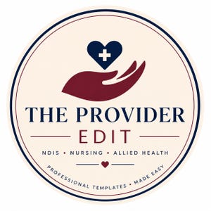Pode incluir: Um log&oacute;tipo circular com uma silhueta de m&atilde;o vermelho-escura a embalar um cora&ccedil;&atilde;o azul-escuro com uma cruz branca. O texto diz THE PROVIDER EDIT, NDIS, NURSING, ALLIED HEALTH e PROFESSIONAL TEMPLATES MADE EASY, com um pequeno &iacute;cone de cora&ccedil;&atilde;o.