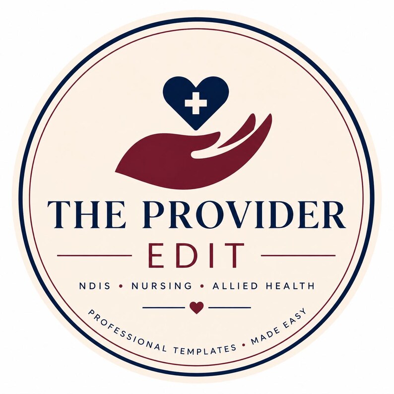 Pode incluir: Um log&oacute;tipo circular com uma silhueta de m&atilde;o vermelho-escura a embalar um cora&ccedil;&atilde;o azul-escuro com uma cruz branca. O texto diz THE PROVIDER EDIT, NDIS, NURSING, ALLIED HEALTH e PROFESSIONAL TEMPLATES MADE EASY, com um pequeno &iacute;cone de cora&ccedil;&atilde;o.