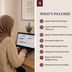 Pode incluir: Um conjunto de modelos digitais para trabalhadores de apoio, incluindo formul&aacute;rio de admiss&atilde;o, planejador semanal, notas de sa&uacute;de, notas de turno, folha de horas, plano de a&ccedil;&atilde;o e fatura, exibidos em lista e na tela do laptop.
