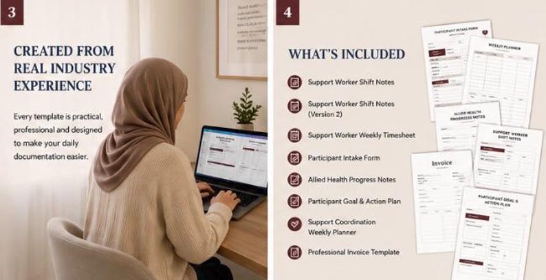 Pode incluir: Um conjunto de modelos digitais para trabalhadores de apoio, incluindo formul&aacute;rio de admiss&atilde;o, planejador semanal, notas de sa&uacute;de, notas de turno, folha de horas, plano de a&ccedil;&atilde;o e fatura, exibidos em lista e na tela do laptop.